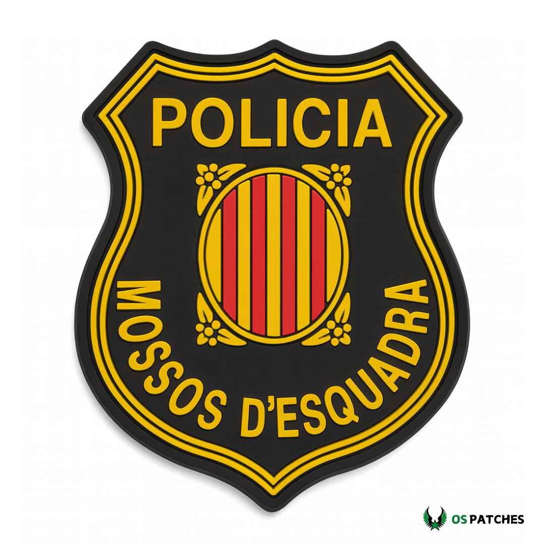 Parche Mossos d’Esquadra Policía PVC negro con escudo catalán amarillo rojo.