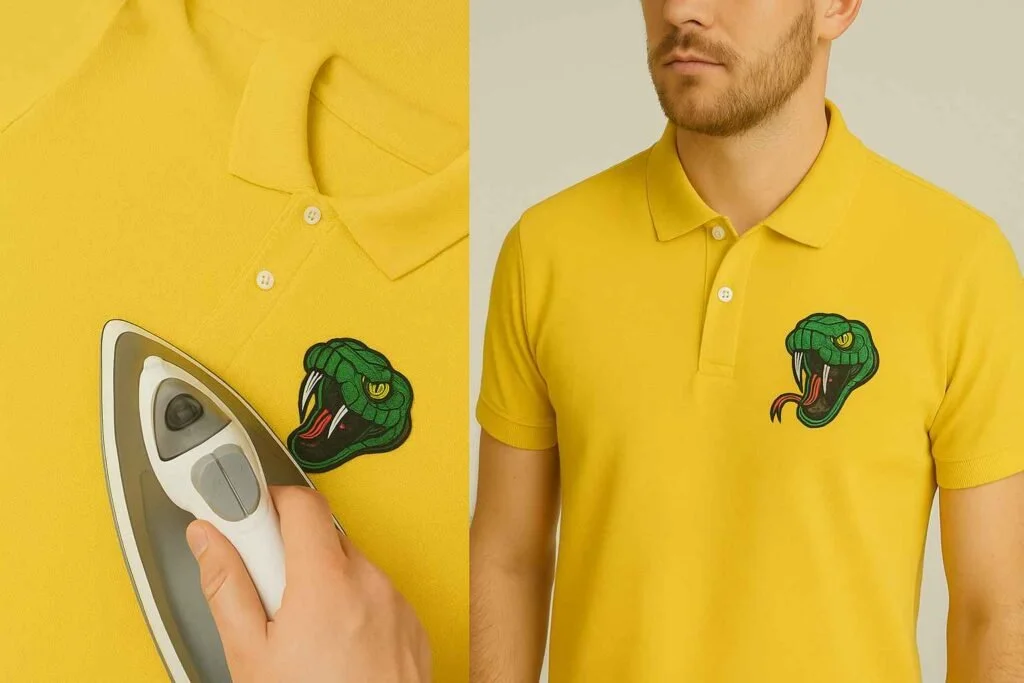 Camiseta polo amarilla con parche bordado de serpiente verde y plancha.